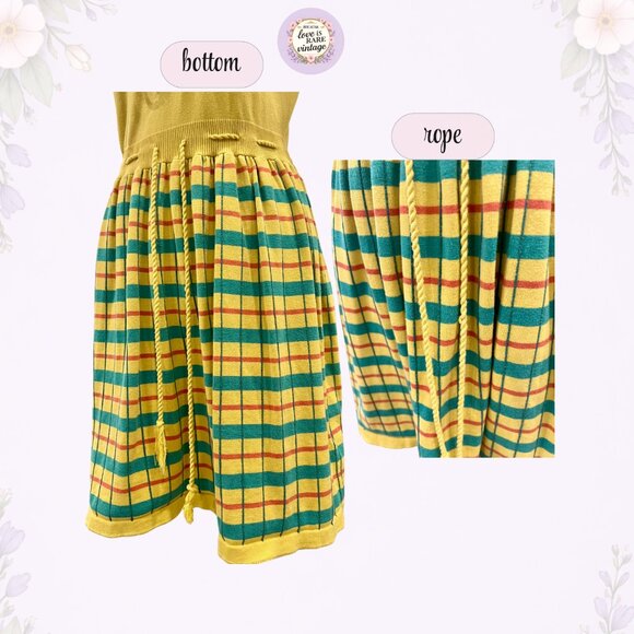 Y2K Betsey Johnson Knit Dress • Yellow Plaid Puff Sleeve • Boutique Line • L - Picture 7 of 9